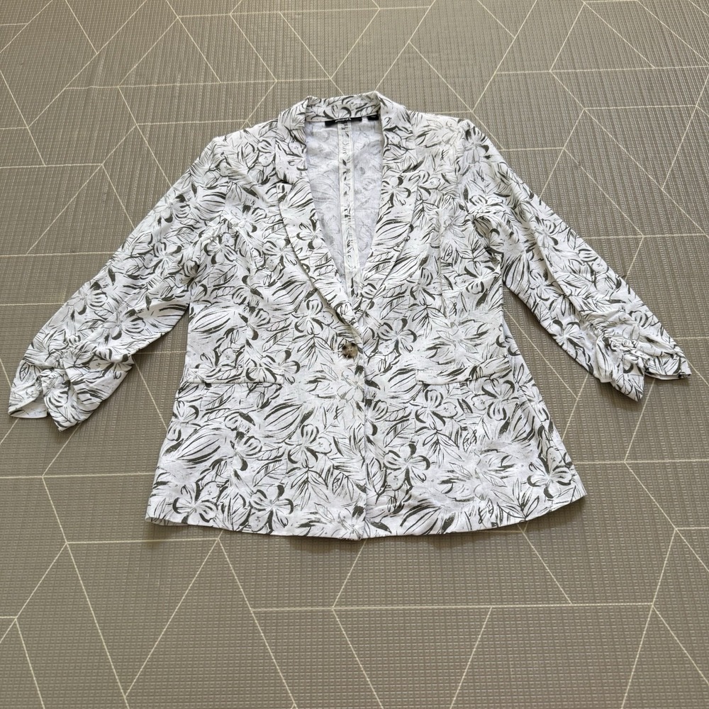 Briggs Linen Blend Blazer Jacket M Tropical Floral Print White Green